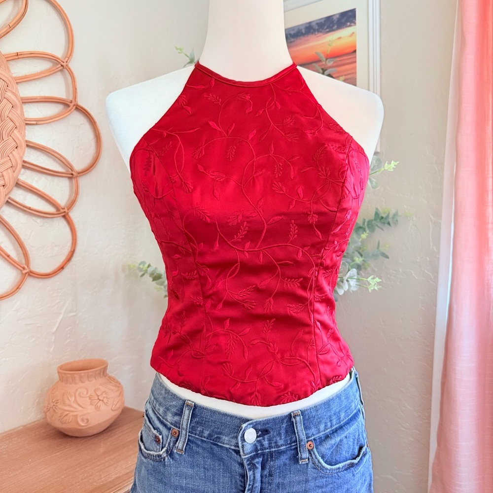Vintage 90s Corset Embroidered Red Romantic Whimsy Whimsical Top